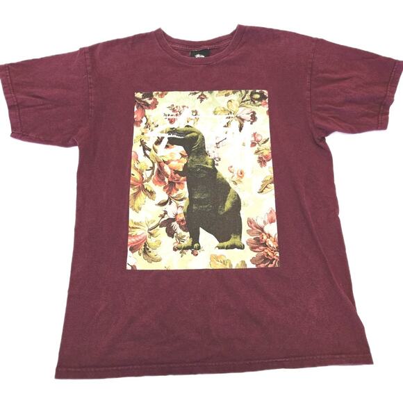 Stussy T Rex Shirt Men's Size Medium Red Casual Short Sleeve Floral Dinosaur - Picture 1 of 9